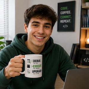 Taza "Depura el pasado, ejecuta el presente, actualiza el futuro", taza de café para programadores, regalo para desarrolladores de software, accesorio de escritorio para programadores.