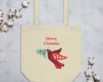 CUTE TOTE BAG, Tote Bag Aesthetic, Bird Floral Merry Christmas Trendy Tote Bag, Reusable Tote Bag Gift For Women, Modern Cotton Tote Bag