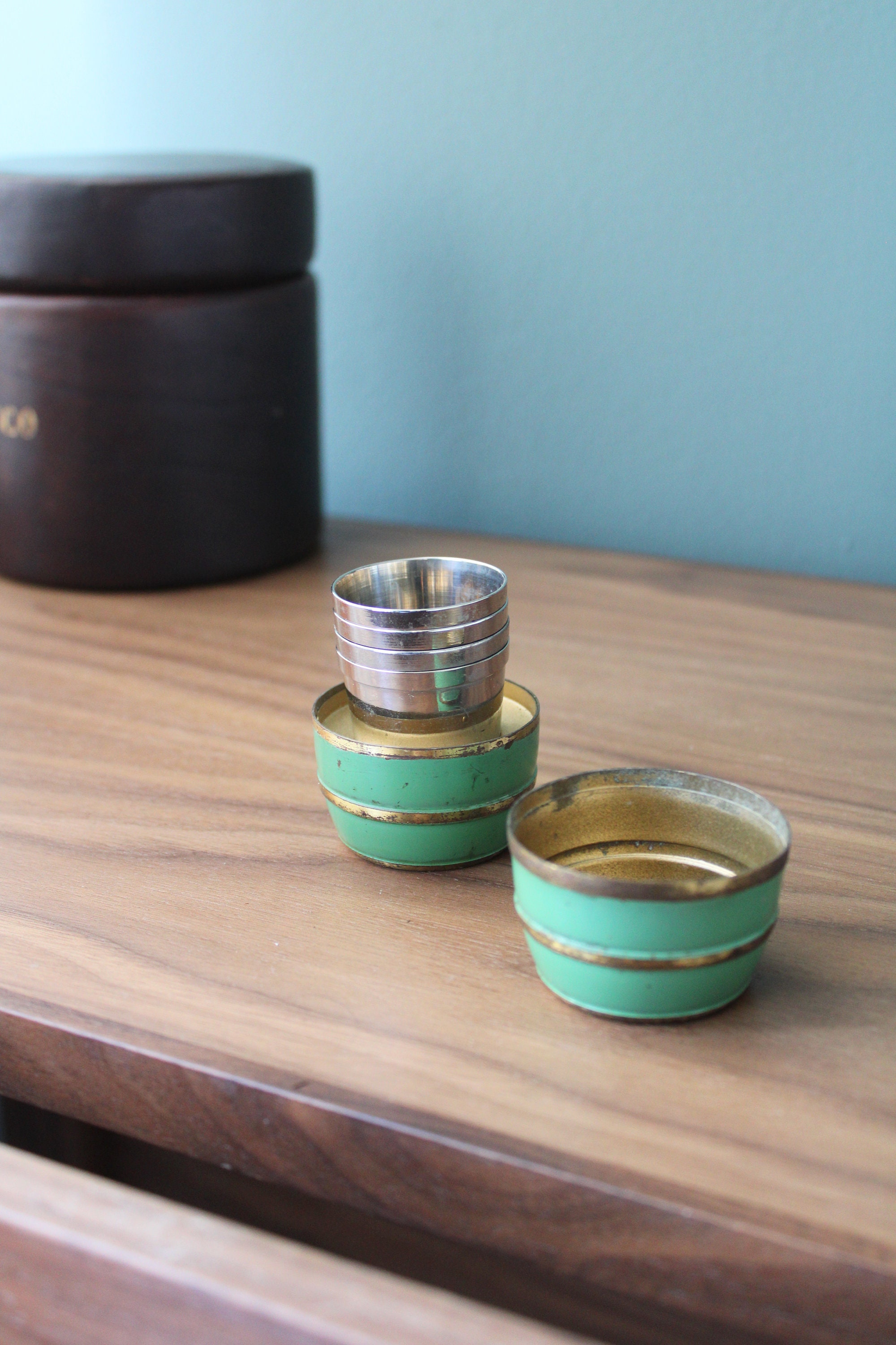 Vintage German Silver Shot Glasses in Brass Barrel Etsy