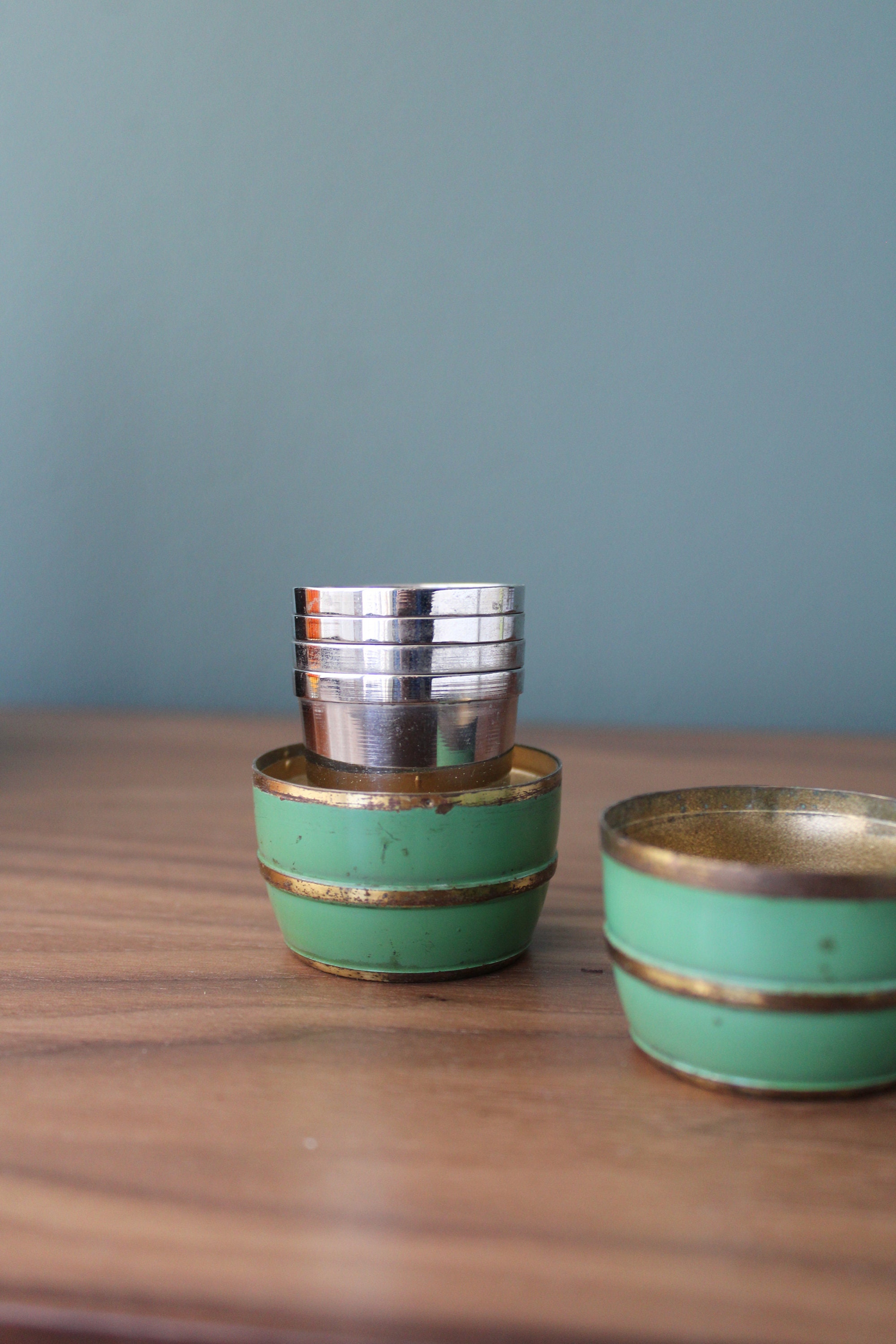 Vintage German Silver Shot Glasses in Brass Barrel Etsy