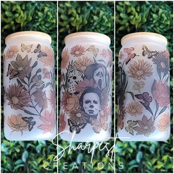 Fall Floral Horror Characters | 16oz Frosted Glass | Sublimated Glass Cup | Spooky Cup | Halloween Cup | Frosted Glass Can with Bamboo Lid