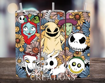 Jack and Sally Floral Vibrant Color 20oz Tumbler Personalized Custom Gifts Cute Spooky Retro Halloween