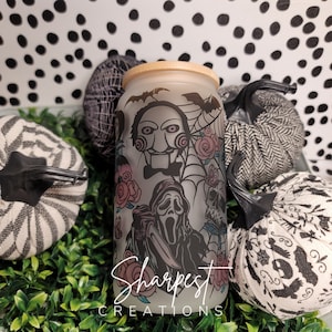 Horror Movie Characters | 16oz Frosted Glass | Sublimated Glass Cup | Spooky Cup | Halloween Cup | Frosted Glass Can with Bamboo Lid