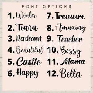 Może przedstawiać: Jasnor&oacute;żowe tło z napisem "FONT OPTIONS" u g&oacute;ry. Poniżej znajduje się 12 opcji czcionek, ponumerowanych od 1 do 12, każda z przykładowym słowem. Słowa to Winter, Tiara, Radiant, Beautiful, Castle, Happy, Treasure, Amazing, Teacher, Bossy, Mama i Bella.