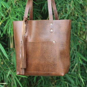 Leather Tote Bag Handmade Crocodile Pattern