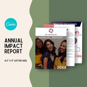 May include: A stack of annual impact report documents. The cover features three smiling women and the text "Annual Report" with the year "20XX". The documents are 21.6 cm x 27.9 cm in size.