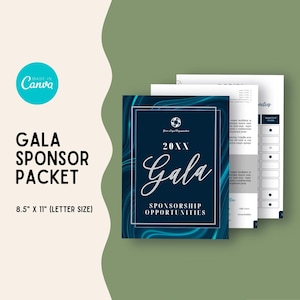 Könnte beinhalten: Ein Gala-Sponsor-Paket mit dunkelblauem Umschlag, auf dem das Wort "Gala" in eleganter Schrift steht. Das Paket enthält den Text "Sponsorship Opportunities" und ist 21,6 cm x 27,9 cm groß. Das Canva-Logo befindet sich oben links.