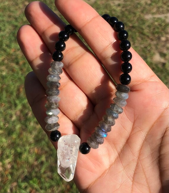 Black Obsidian Labradorite Bracelet Natural Quartz Crystal Healing Stone Unisex 