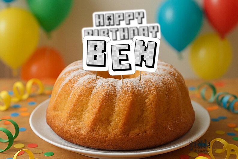 May include: A golden-brown bundt cake dusted with powdered sugar, topped with a "Happy Birthday BEN" cake topper. Colorful balloons and confetti decorate the background, creating a festive birthday scene.