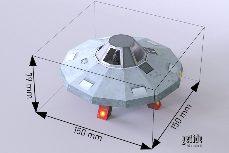 May include: A gray and white paper model of a flying saucer with a black cockpit and red landing gear. The model is 7.9 inches tall, 5.9 inches wide, and 5.9 inches long.