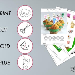 May include: A set of printable papercraft sheets with instructions for making cupcake toppers. The instructions are in a circular format with the words "PRINT", "CUT", "FOLD", and "GLUE". The sheets feature Minecraft-themed characters and elements.