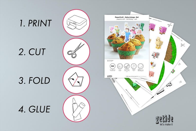 May include: A set of printable papercraft sheets with instructions for making cupcake toppers. The instructions are in a circular format with the words "PRINT", "CUT", "FOLD", and "GLUE". The sheets feature Minecraft-themed characters and elements.