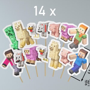 May include: A collection of 14 Minecraft-themed cake toppers. The toppers include various characters and animals, such as a green Creeper, llamas, chickens, pigs, sheep, and two human figures. Each topper is attached to a wooden stick. The height of the toppers is 6.5 cm.