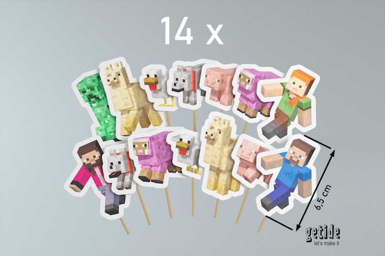 May include: A collection of 14 Minecraft-themed cake toppers. The toppers include various characters and animals, such as a green Creeper, llamas, chickens, pigs, sheep, and two human figures. Each topper is attached to a wooden stick. The height of the toppers is 6.5 cm.