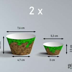 May include: Two Minecraft-themed paper bowls. The larger bowl is 4.5 cm tall, 7.6 cm wide, and 4.7 cm in diameter at the base. The smaller bowl is 2.5 cm tall, 5.2 cm wide, and 3 cm in diameter at the base.