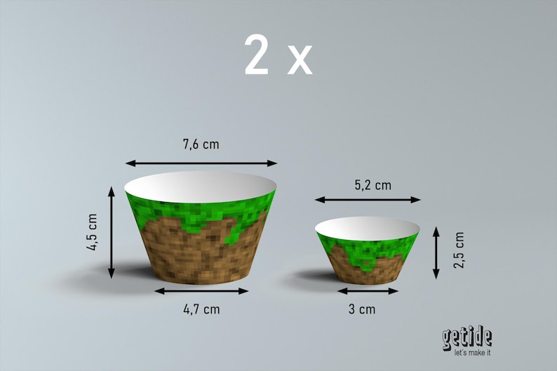 May include: Two Minecraft-themed paper bowls. The larger bowl is 4.5 cm tall, 7.6 cm wide, and 4.7 cm in diameter at the base. The smaller bowl is 2.5 cm tall, 5.2 cm wide, and 3 cm in diameter at the base.