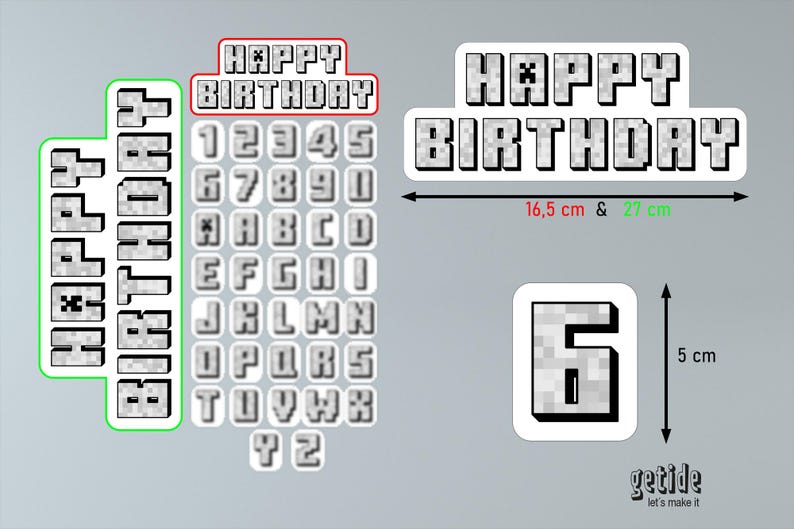 May include: A collection of pixelated birthday-themed stickers. Includes the words "HAPPY BIRTHDAY" in various sizes, individual numbers, letters, and a number "6". The largest "HAPPY BIRTHDAY" is 10.6 inches long. The number "6" is 2 inches tall.