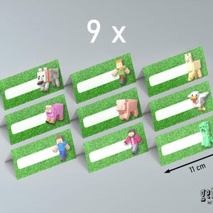 May include: Nine Minecraft-themed place cards, each 11 cm long and 5 cm high, with a green grass design and a white space for names. Each card features a different Minecraft character or animal. The text "9 x" is at the top.