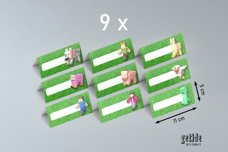 May include: Nine Minecraft-themed place cards, each 11 cm long and 5 cm high, with a green grass design and a white space for names. Each card features a different Minecraft character or animal. The text "9 x" is at the top.