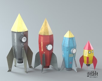 3D Paper Craft Rocket Set Family, DIY Decoration, 3D Origami, Paper Toy, PDF Kit, Instant Download, PDF Template, Decoration, Toy