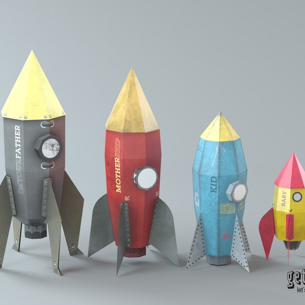 3D Paper Craft Rocket Set Family, DIY Decoration, 3D Origami, Paper Toy, PDF Kit, Instant Download, PDF Template, Decoration, Toy