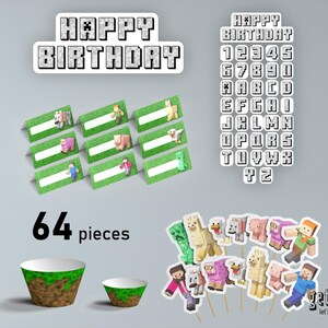May include: A collection of Minecraft-themed party decorations. Includes a "Happy Birthday" banner, character cutouts, name tags, cupcake toppers, and two paper bowls. The set contains 64 pieces.