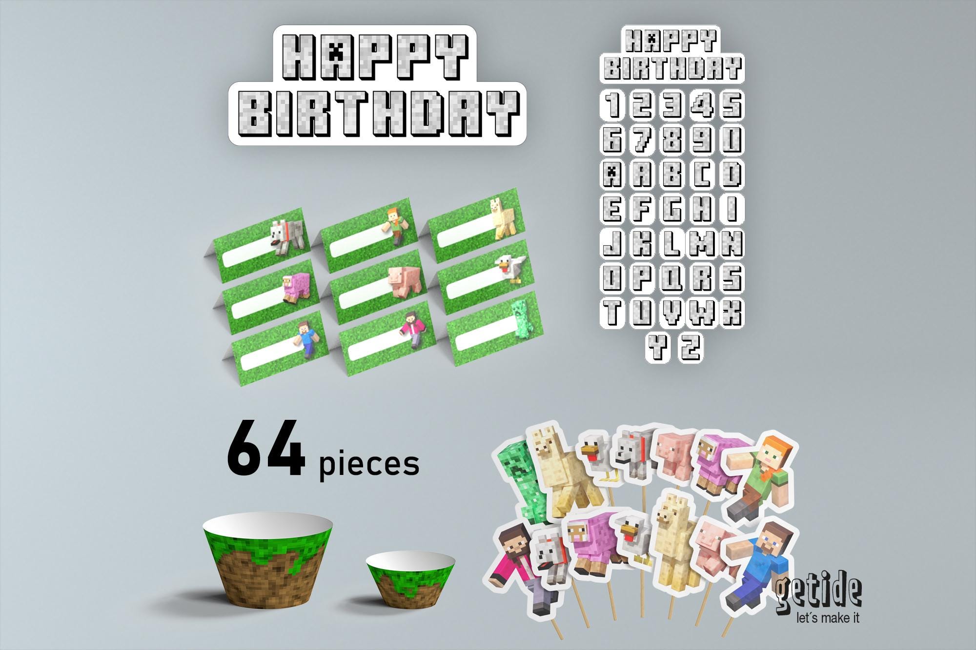 Papercraft Children's Birthday Decorations PDF | Pixel Art Party Set to ...