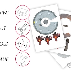 May include: Instructions for building a paper model of a spaceship. The steps are: 1. Print, 2. Cut, 3. Fold, 4. Glue. The image shows a printer, scissors, a folded paper, and glue.