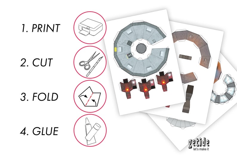 May include: Instructions for building a paper model of a spaceship. The steps are: 1. Print, 2. Cut, 3. Fold, 4. Glue. The image shows a printer, scissors, a folded paper, and glue.