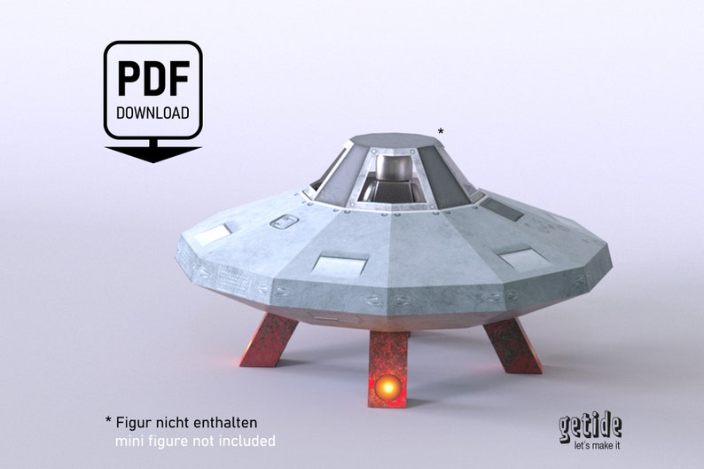 May include: A gray papercraft model of a flying saucer with red landing legs. The saucer has a round, domed top with a window and a small, round hatch. The model is on a white background. *Figur not enthalten mini figure not included*  PDF DOWNLOAD