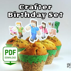 Papercraft Children&#39;s Birthday Decorations PDF | Pixel Art Party Set to Print | Cupcake Topper & Wrapper Craft Kit | 64 Pieces