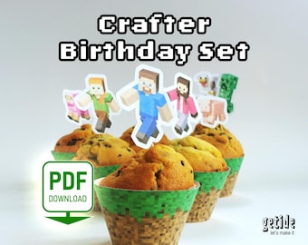 Papercraft Kids' Birthday Party Decorations PDF | Pixel Art Party Set for Printing | Cupcake Topper & Wrapper Craft Kit | 64 Pieces