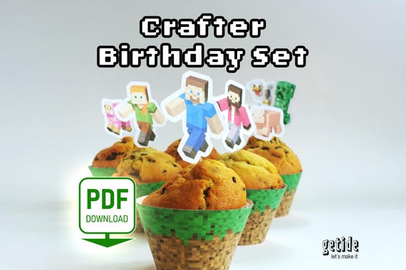 Papercraft Kindergeburtstag Deko PDF | Pixel Art Party Set zum Ausdrucken | Bastelset Cupcake Topper & Wrapper | 64 teilig