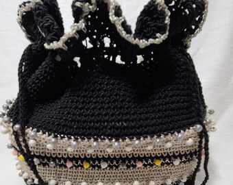 Schwarz/Grau Gehäkelte Handtasche mit Kordelzug und Perlen