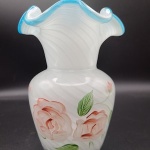 Fenton Blue Crest Opalescent Swirl Hand-Painted Vase