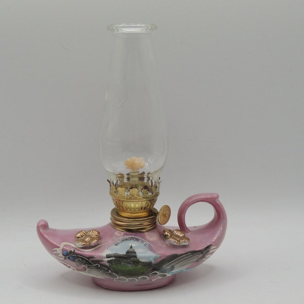 Lusterware Pink Aladdin Style Washington DC Souvenir Oil Lamp