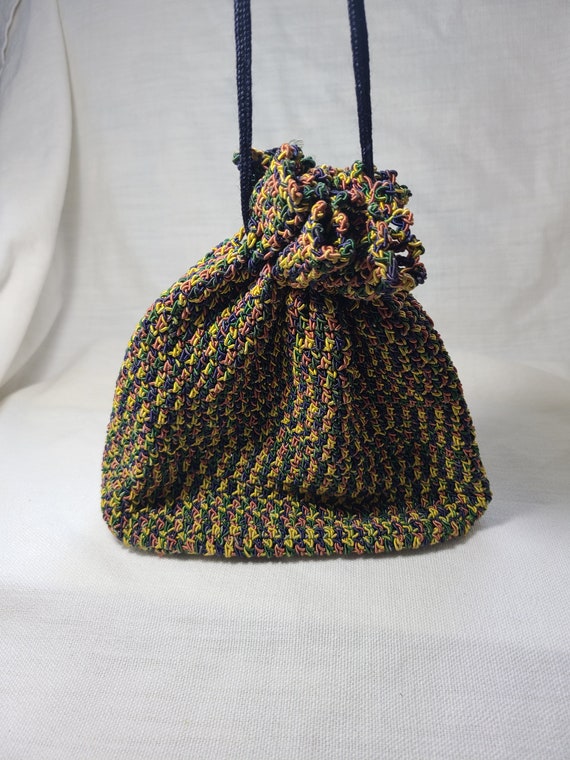 Crocheted Multi-colored Drawstring Handbag