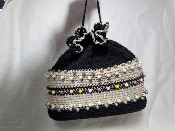 Black/Gray Crocheted Drawstring Handbag with Beads - image 7