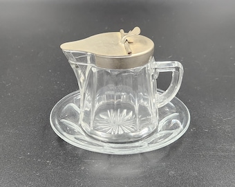 Antique Heisey Clear Glass Syrup Pitcher With Metal Lid and Under Plate