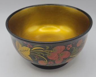 Khokhloma Lacquered USSR Russian Wooden Folk Art Bowl