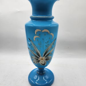 Antique Hand Painted English Blue Bristol Glass Vase