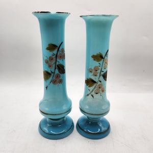Antique Bristol Glass Hand-Painted Blue Vase Pair