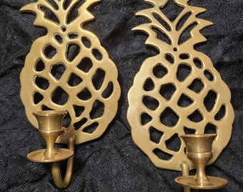 Brass Pineapple Wall Candlestick Holder Pair