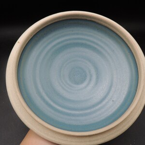 May include: A light blue ceramic bowl with a white rim and a swirling pattern on the inside.