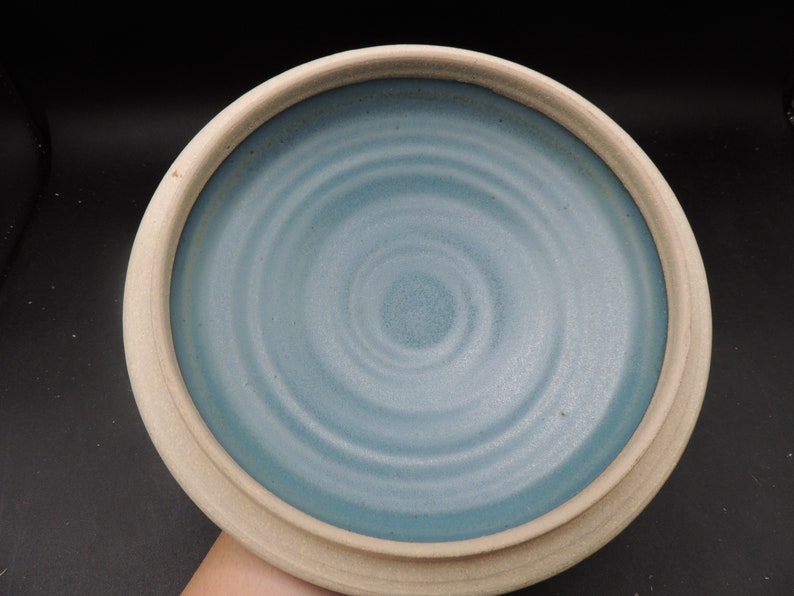 May include: A light blue ceramic bowl with a white rim and a swirling pattern on the inside.