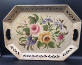 Beige Toleware Tray w Hand-Painted Floral Design