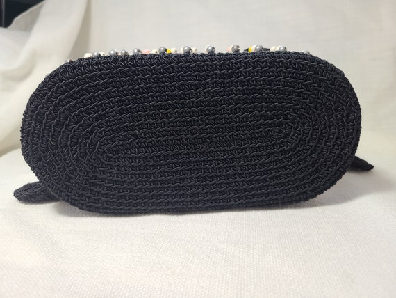 Black/Gray Crocheted Drawstring Handbag with Beads - image 5