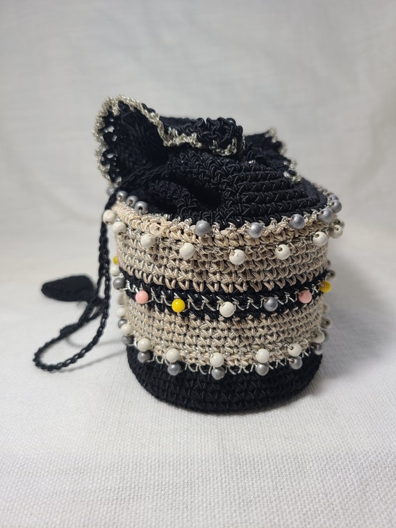 Black/Gray Crocheted Drawstring Handbag with Beads - image 4