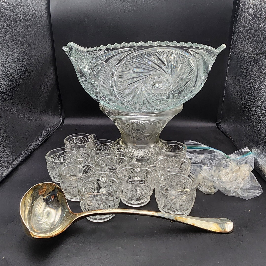 Antique Mckee Pressed Glass Punch Bowl Set W/godinger Silverplate