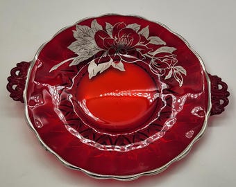 Silver City Glass Ruby 13" Double Handle Platter with Silver Overlay